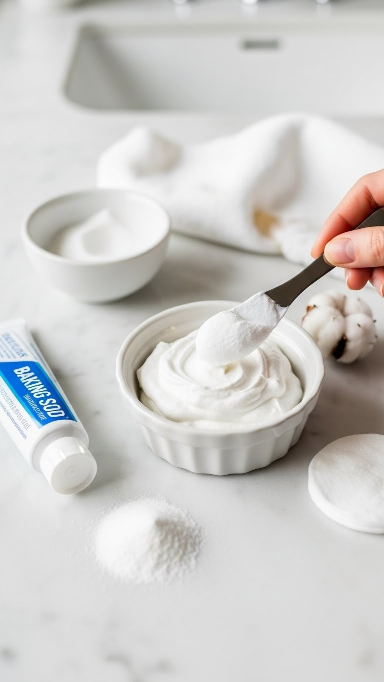 Top-down view of baking soda and toothpaste paste in white ceramic dish on marble surface with minimalist bathroom background