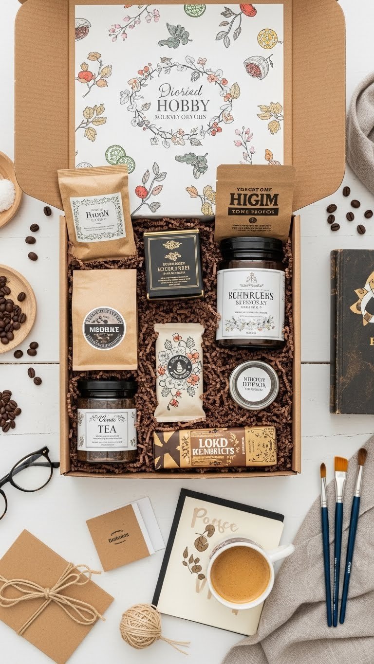 Top-down view of curated hobby subscription box overflowing with coffee beans and craft supplies on white table
