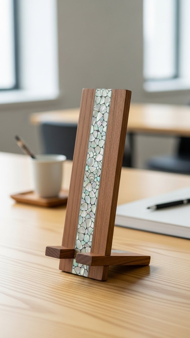 Traditional Korean craft modern desk organizer with mother-of-pearl inlay on light maple wood surface.