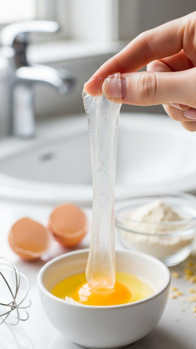 Translucent egg white corn flour peel-off mask drying on facial skin with fine hairs caught in tightening film against neutral vanity background.