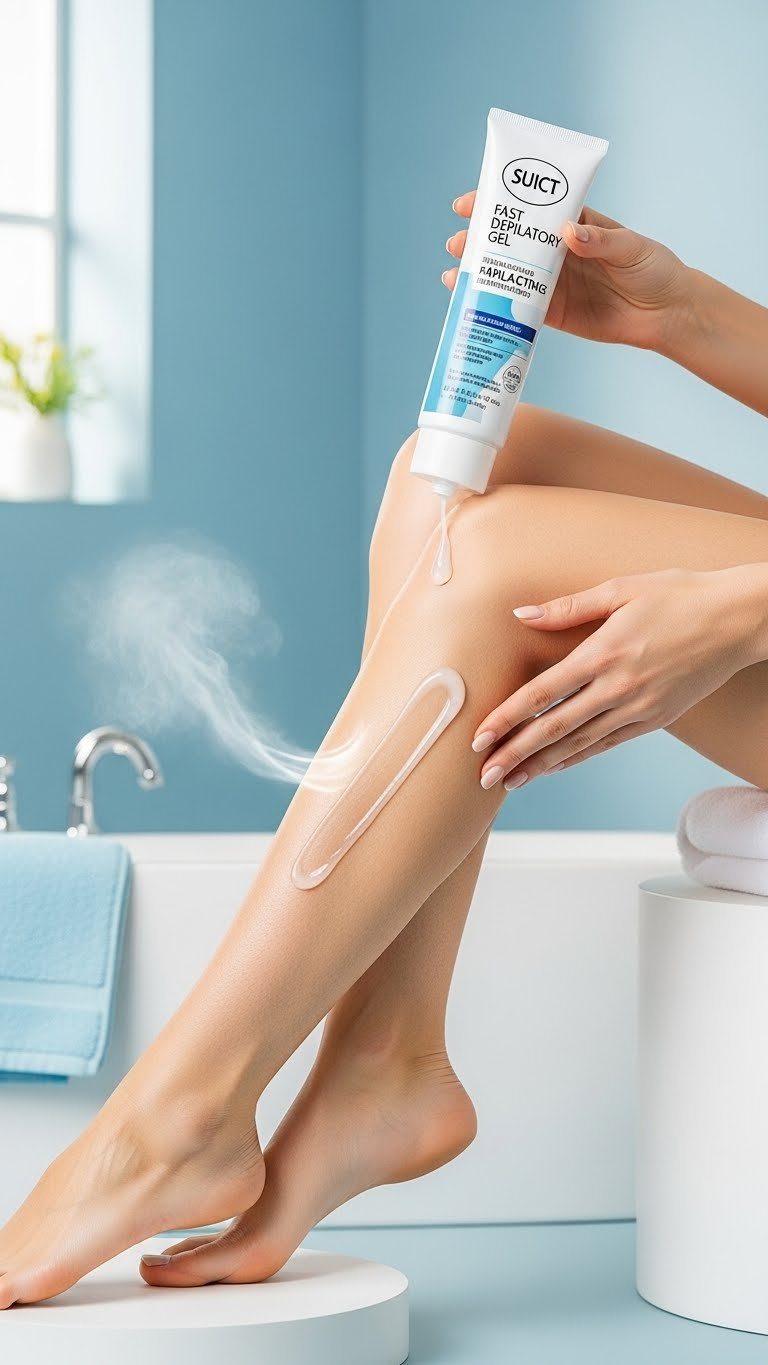 Translucent fast-acting Japanese depilatory gel tube with motion blur effect on smooth leg against modern bathroom backdrop