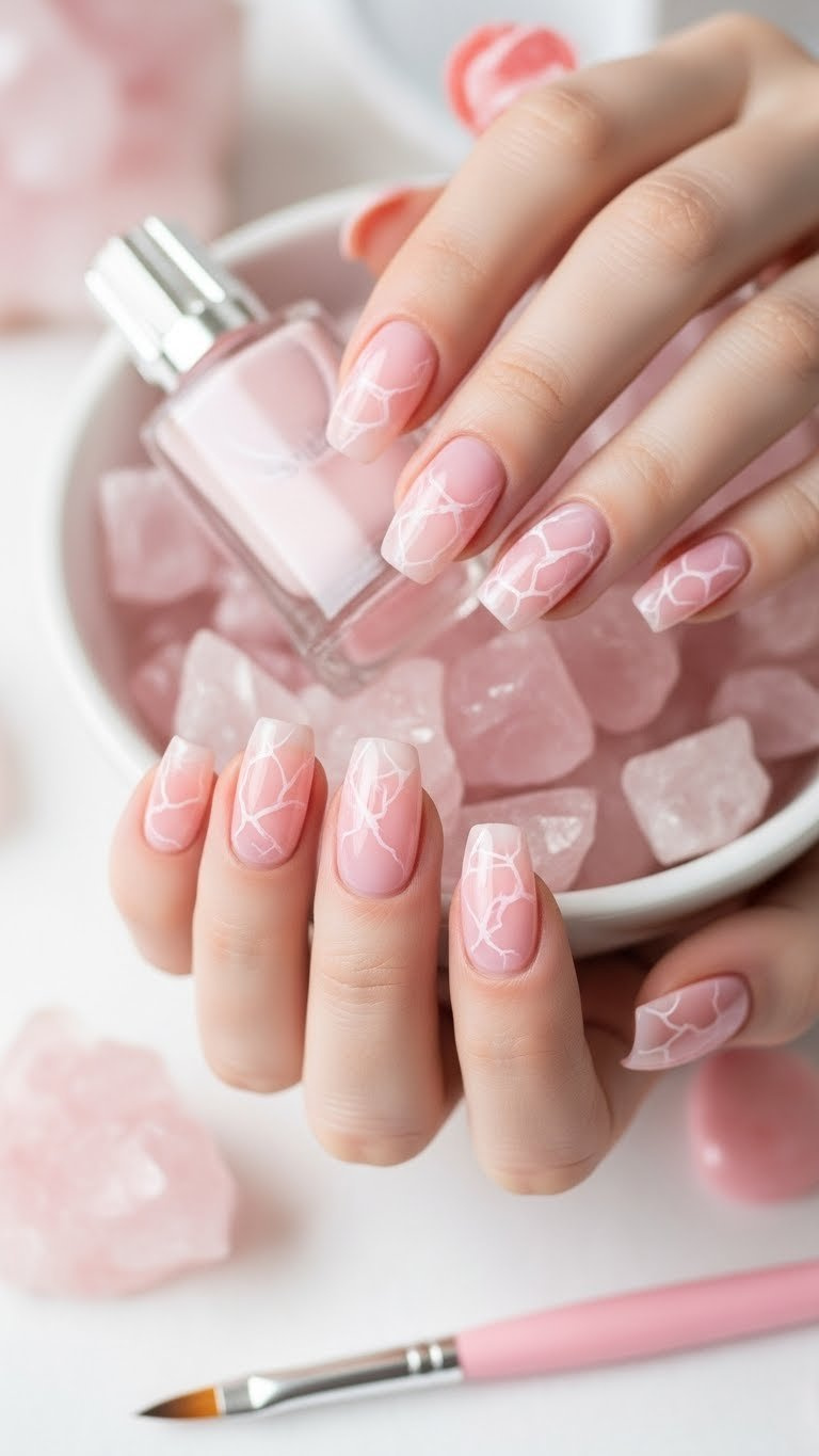 Translucent pink rose quartz-inspired nails with delicate white veins and crystal props against ceramic dish background