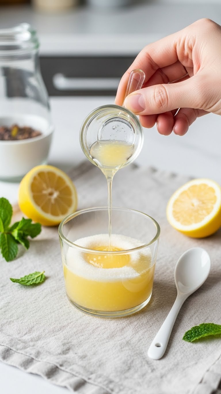 Translucent sugar lemon juice mixture in glass ramekin with stirring stick on linen tablecloth
