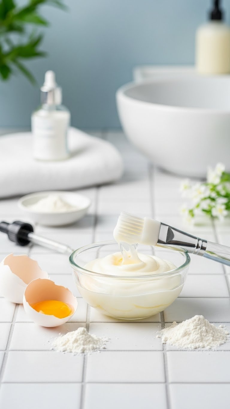 Translucent white cornstarch and egg white peel-off mask in glass bowl with silicone brush