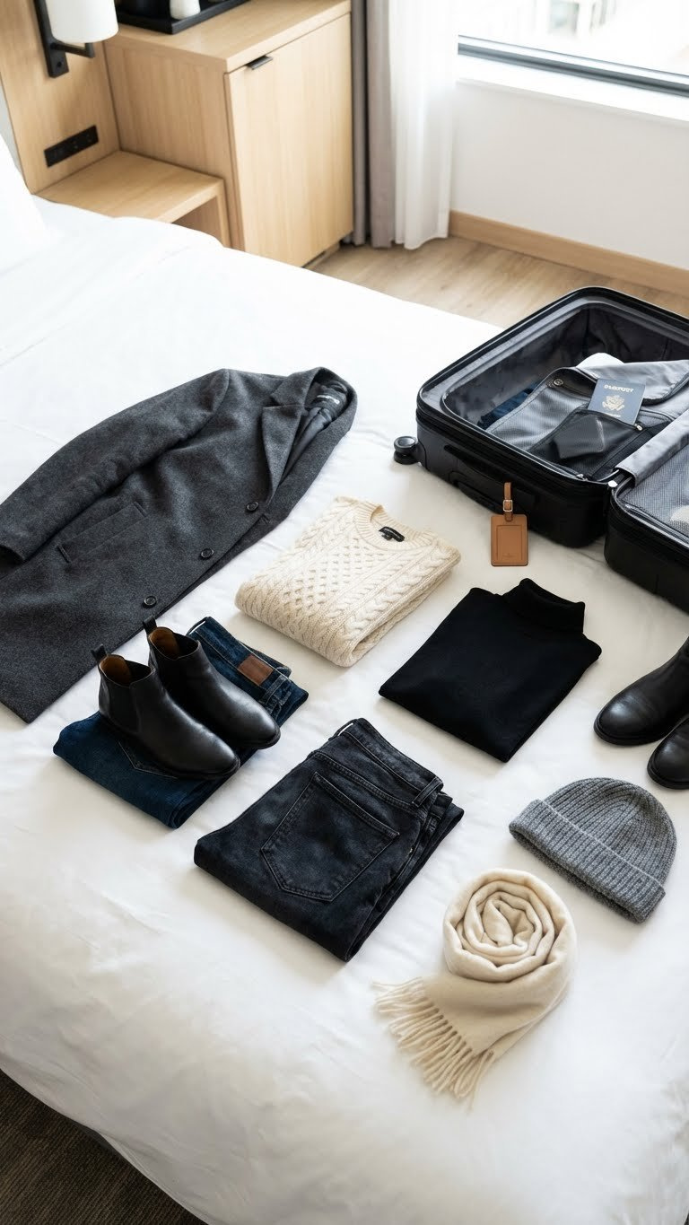 Travel-ready winter capsule wardrobe flat lay: neutral coat, layers, pants, boots, scarf, and suitcase.
