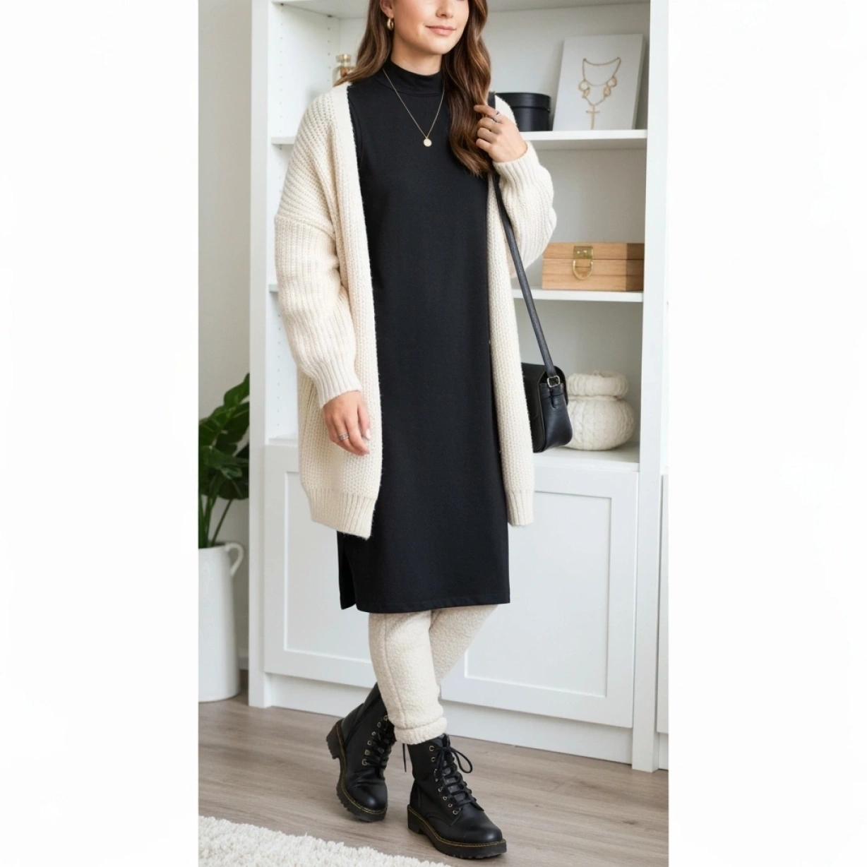Trendy black mock-neck midi dress, chunky cardigan, fleece leggings, and combat boots for a modest winter church outfit.