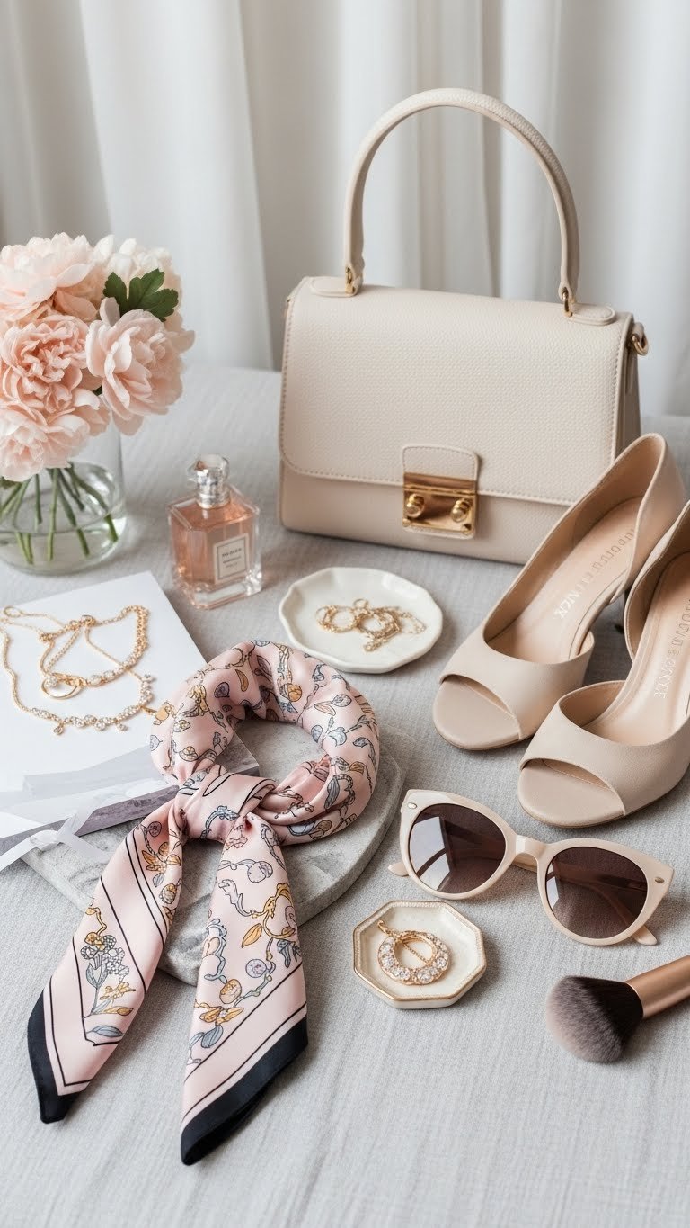 Trendy fashion accessories including handbag and necklace artfully arranged on textured fabric backdrop