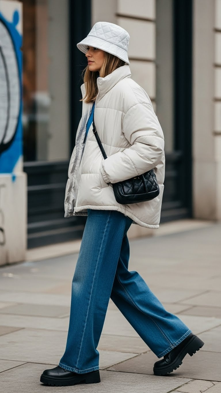 Trendy person in an oversized puffer jacket, padded nylon bucket hat, and platform boots on a busy city sidewalk.