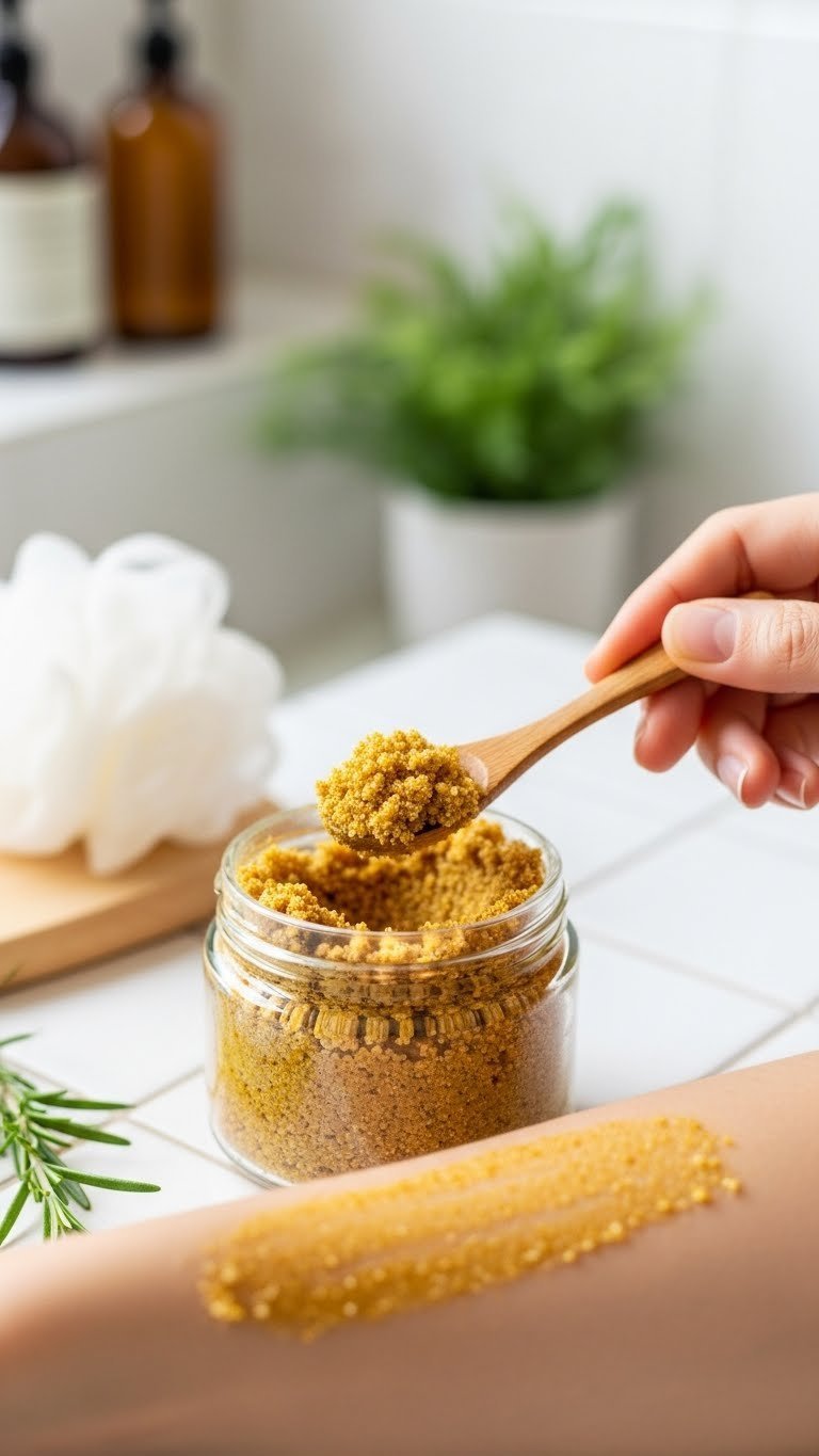 Turmeric oatmeal scrub in glass jar being applied to skin with wooden spoon on ceramic tile