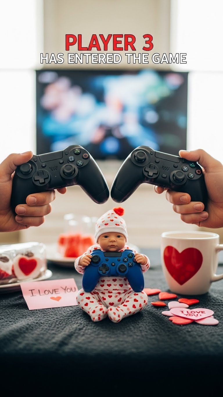 Two adult gaming controllers with tiny baby controller positioned between them on dark blanket with soft natural lighting.
