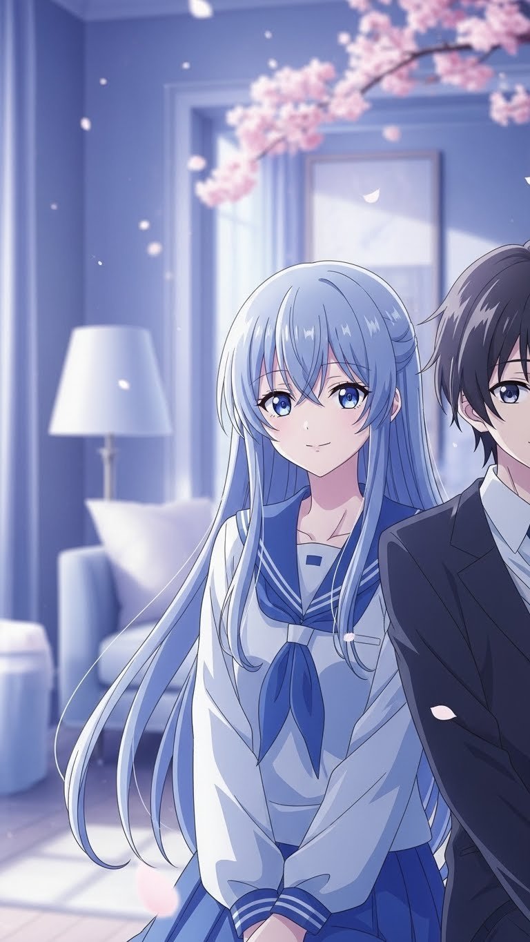 Two anime friends showing camaraderie against minimalist room interior with soft blue and purple aesthetic lighting