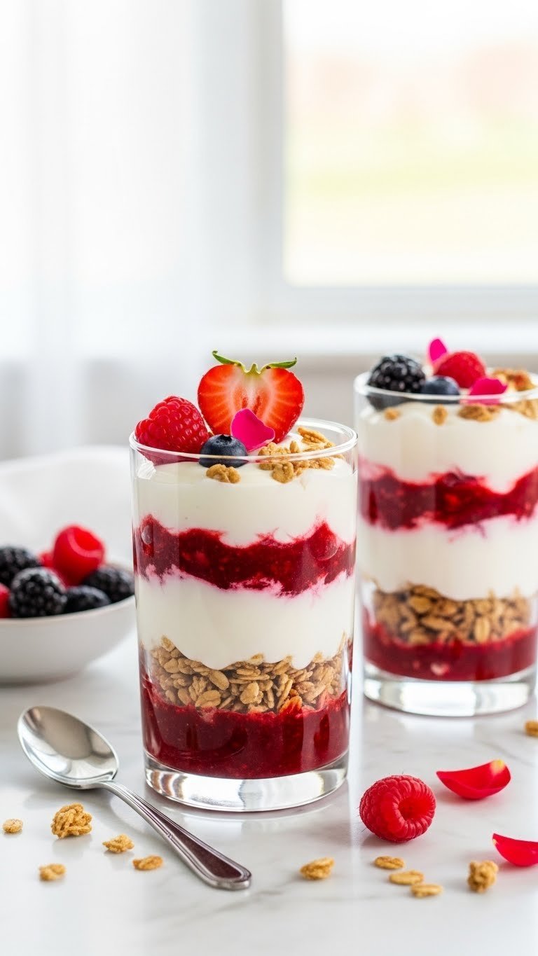 Two elegant glass yogurt parfaits with layered Greek yogurt, red berry compote, and granola topped with fresh raspberries.