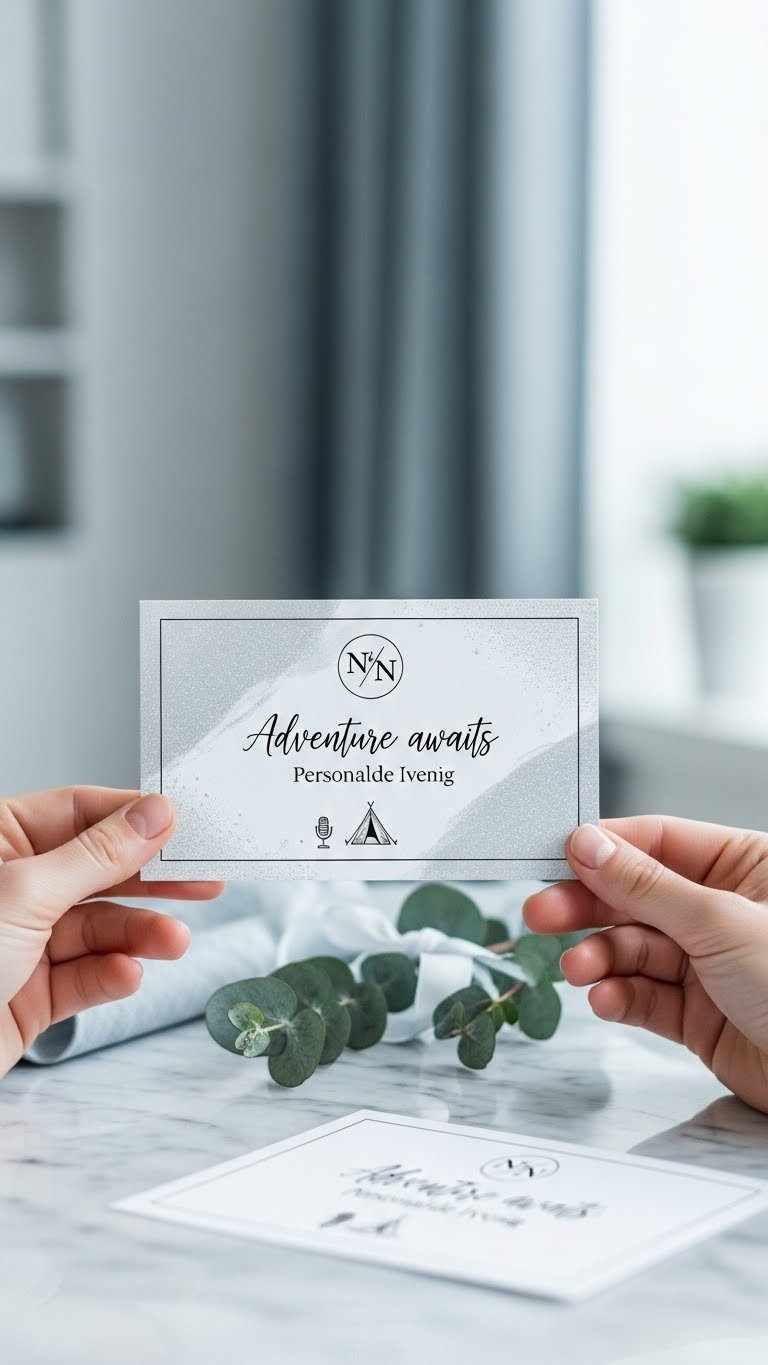 Two hands holding a minimalist custom experience voucher card with couple initials against a soft marble background.