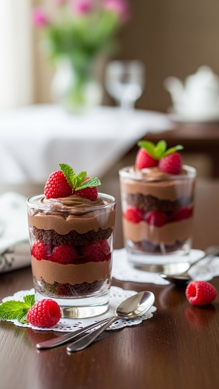 Two mini raspberry chocolate mousse parfaits in glasses with layered mousse and fruit compote on dark wood surface.