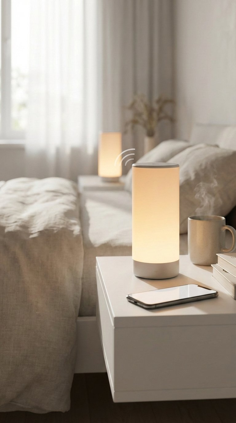 Two modern friendship lamps glowing softly on white nightstand with cozy bedroom background and warm ambient lighting