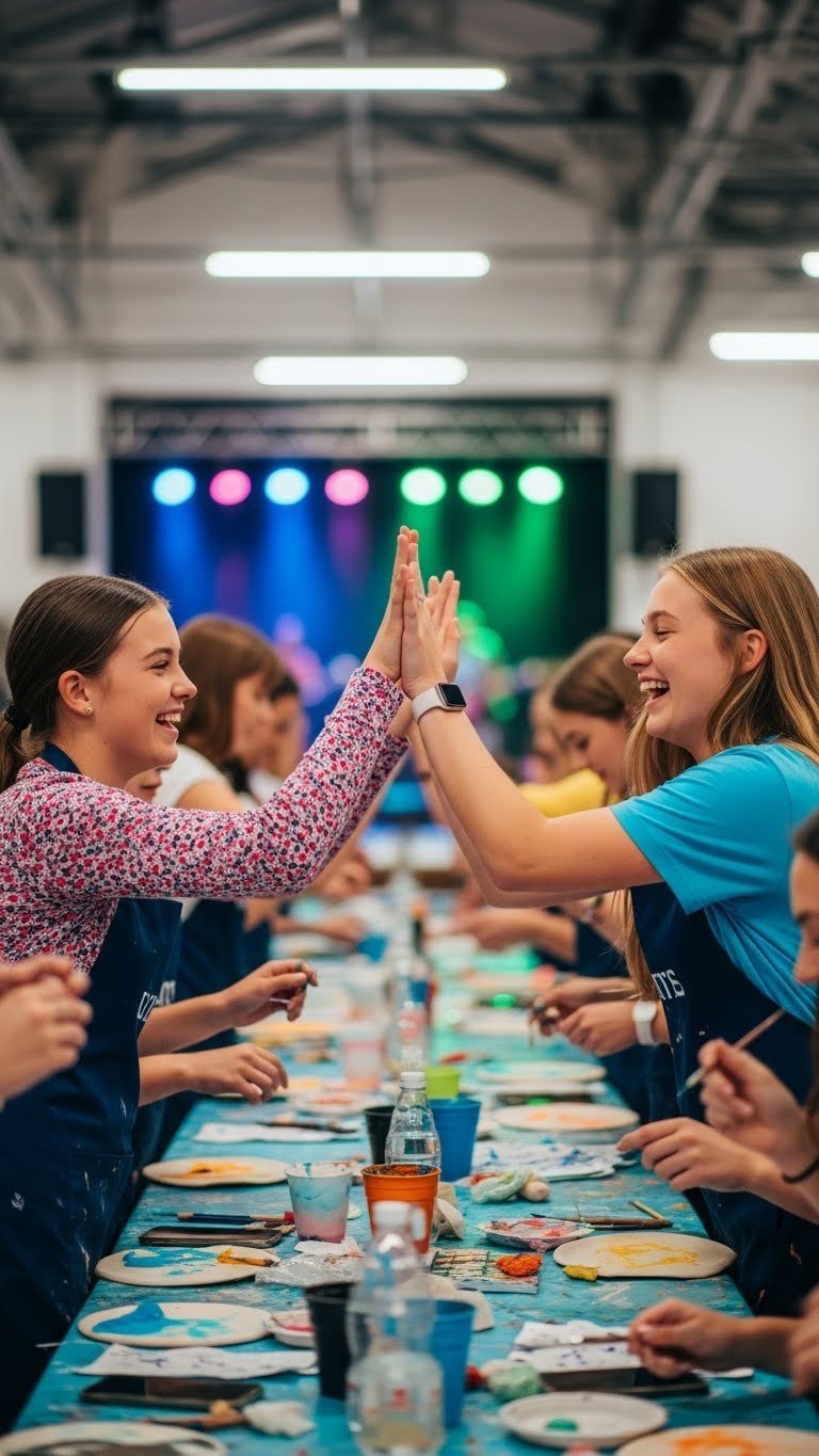 Two teen girls laughing during pottery workshop capturing joyful shared experience gift moment
