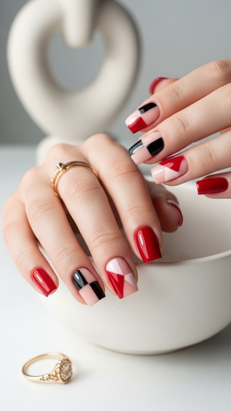 Two-tone geometric square nails with bold Valentine colors on white ceramic dish