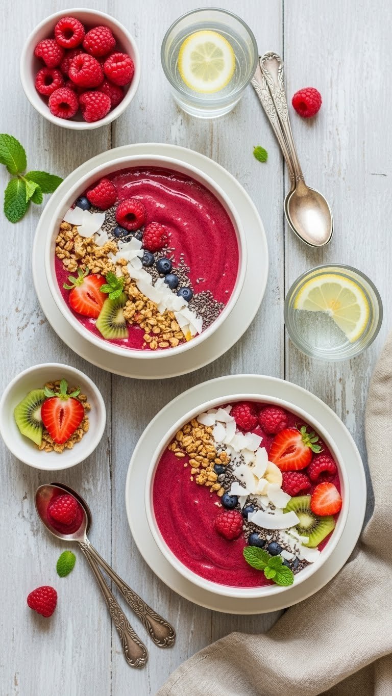 Two vibrant red berry smoothie bowls topped with fresh fruit, granola, and coconut flakes on a light wooden table.