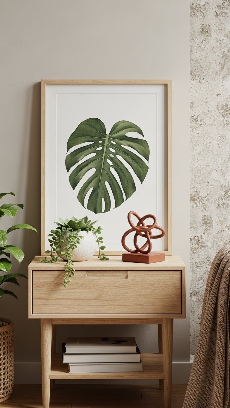 Unique botanical art decor piece like framed Monstera leaf print integrated into modern living room interior