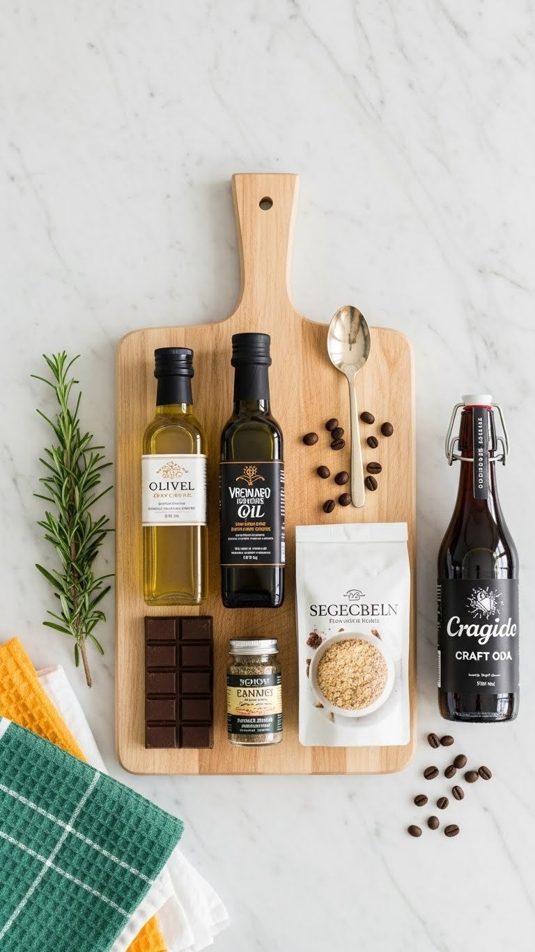 Unique gourmet food items including artisanal olive oil, exotic spice blend, chocolate, coffee beans, and craft soda