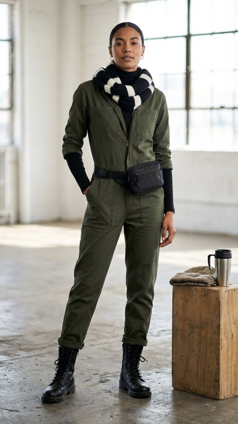 Utilitarian chic winter outfit featuring a dark olive green utility jumpsuit, black turtleneck, rugged combat boots, and striped scarf.
