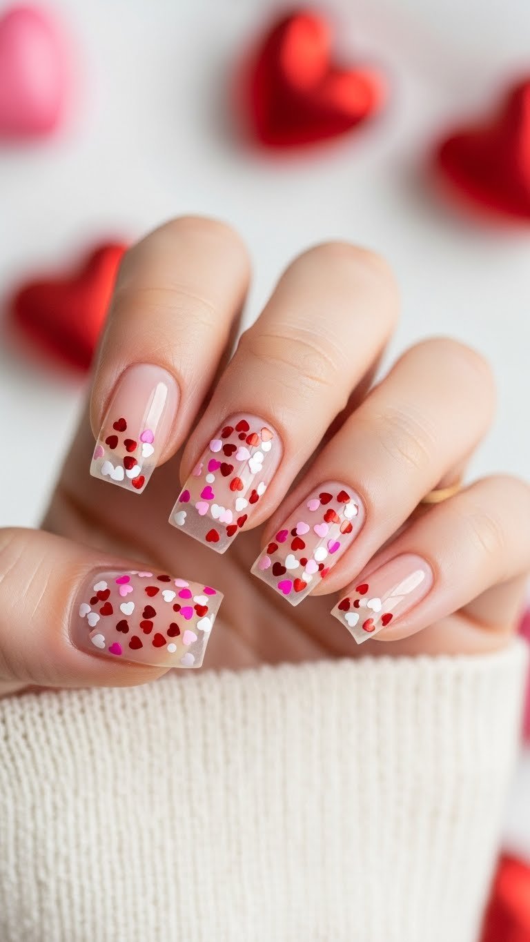 Valentine confetti burst square nails with heart glitter on light-colored textured cloth