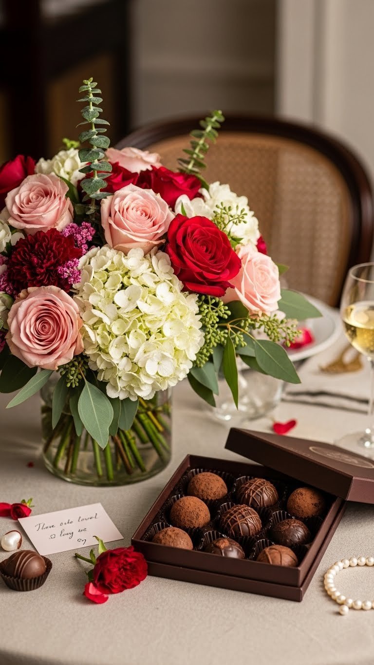 Valentine's Day bouquet with mixed roses and hydrangeas paired with artisanal chocolate truffles on linen