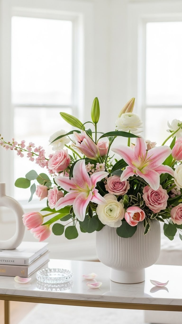 Valentine's Day mixed floral arrangement featuring pink lilies, tulips, and white ranunculus in modern vase