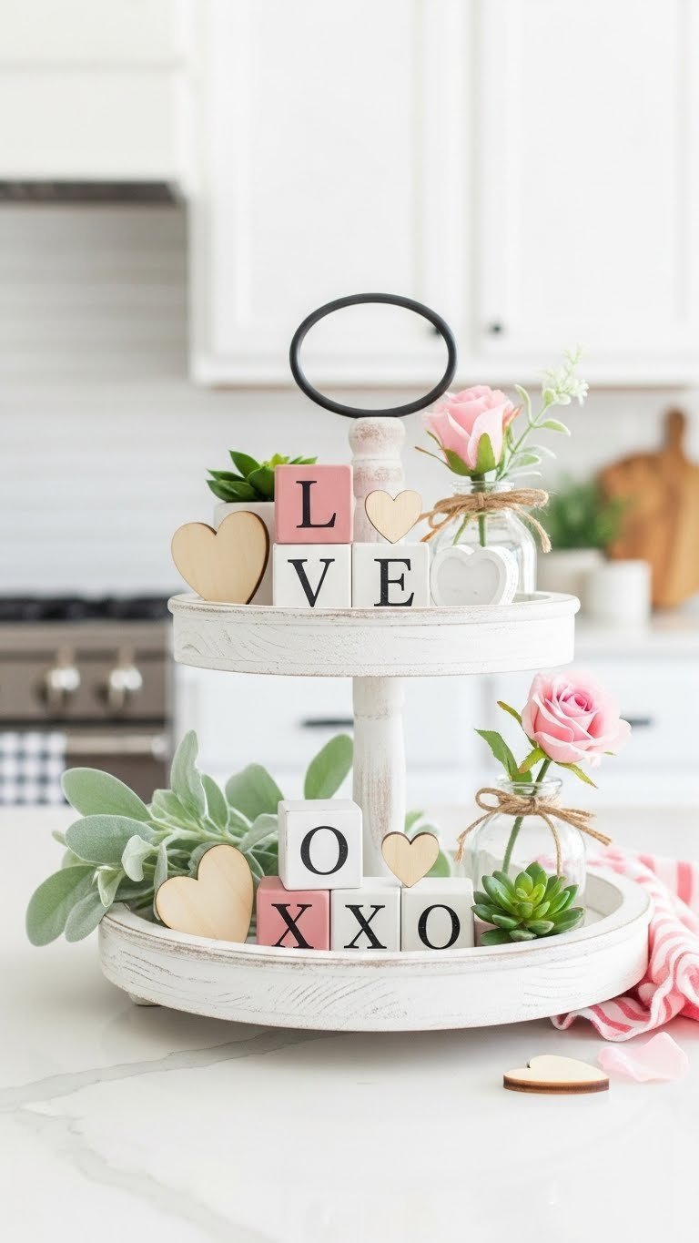 Valentines Day tiered tray decor with wood blocks spelling LOVE, mini hearts, rose, and succulent on white distressed tray