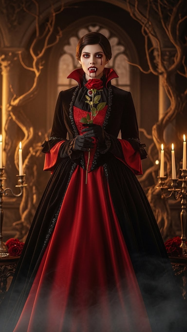 Vampire Valentine costume in opulent velvet gown with fangs and gothic rose in ballroom setting
