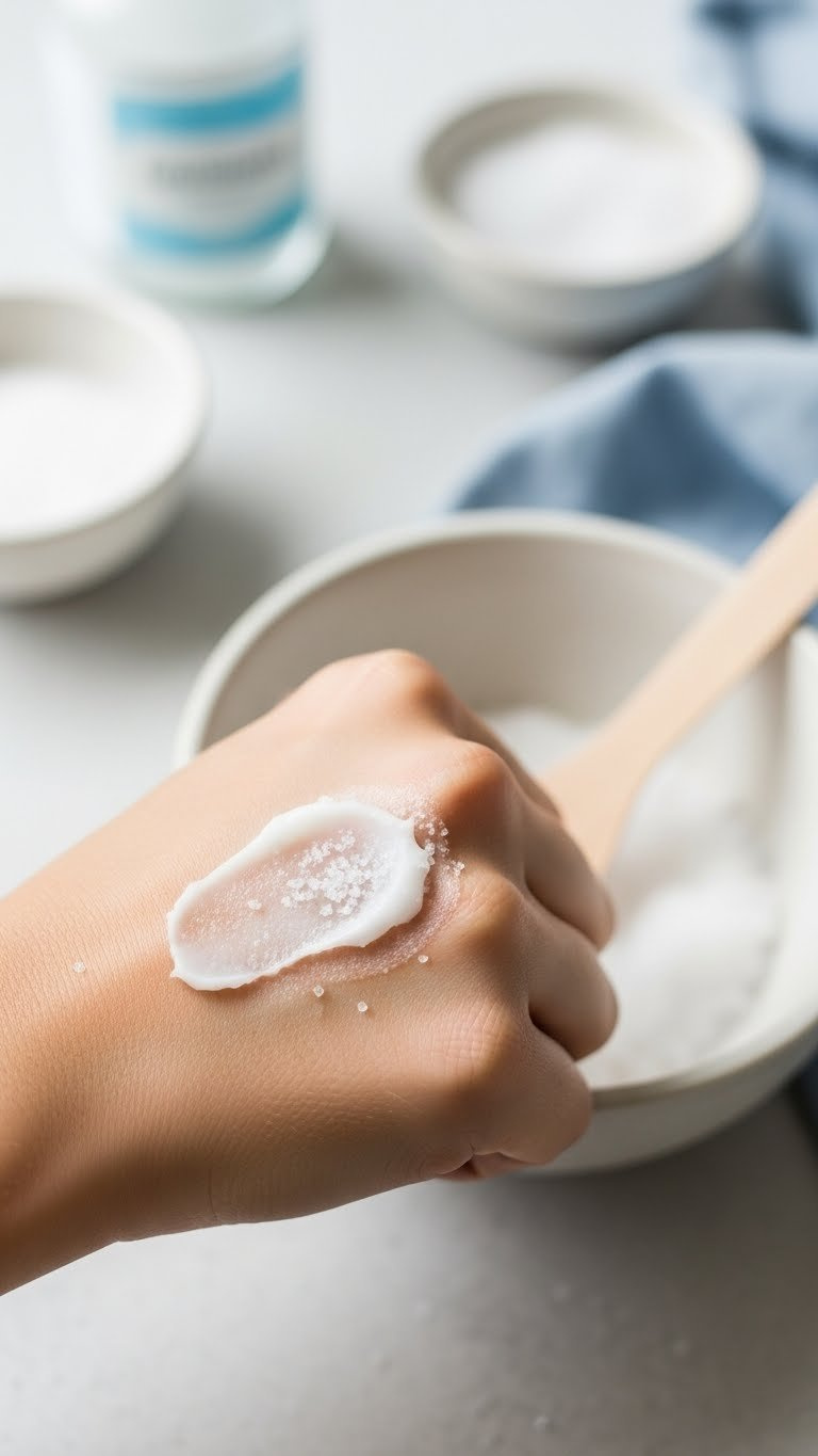Vaseline and salt homemade paste gently applied to clean skin for DIY skincare treatment