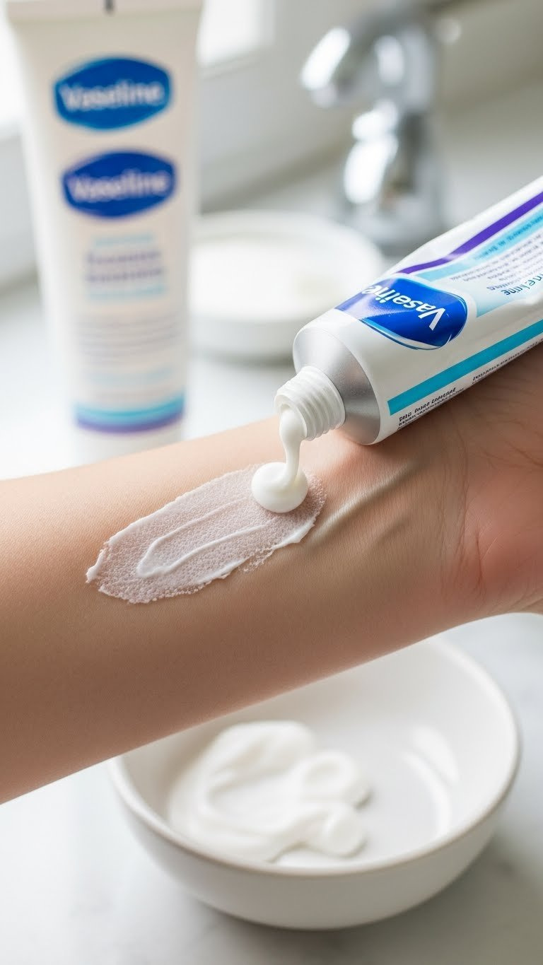 Vaseline and toothpaste mixture gently spread on skin for DIY whitening skincare treatment