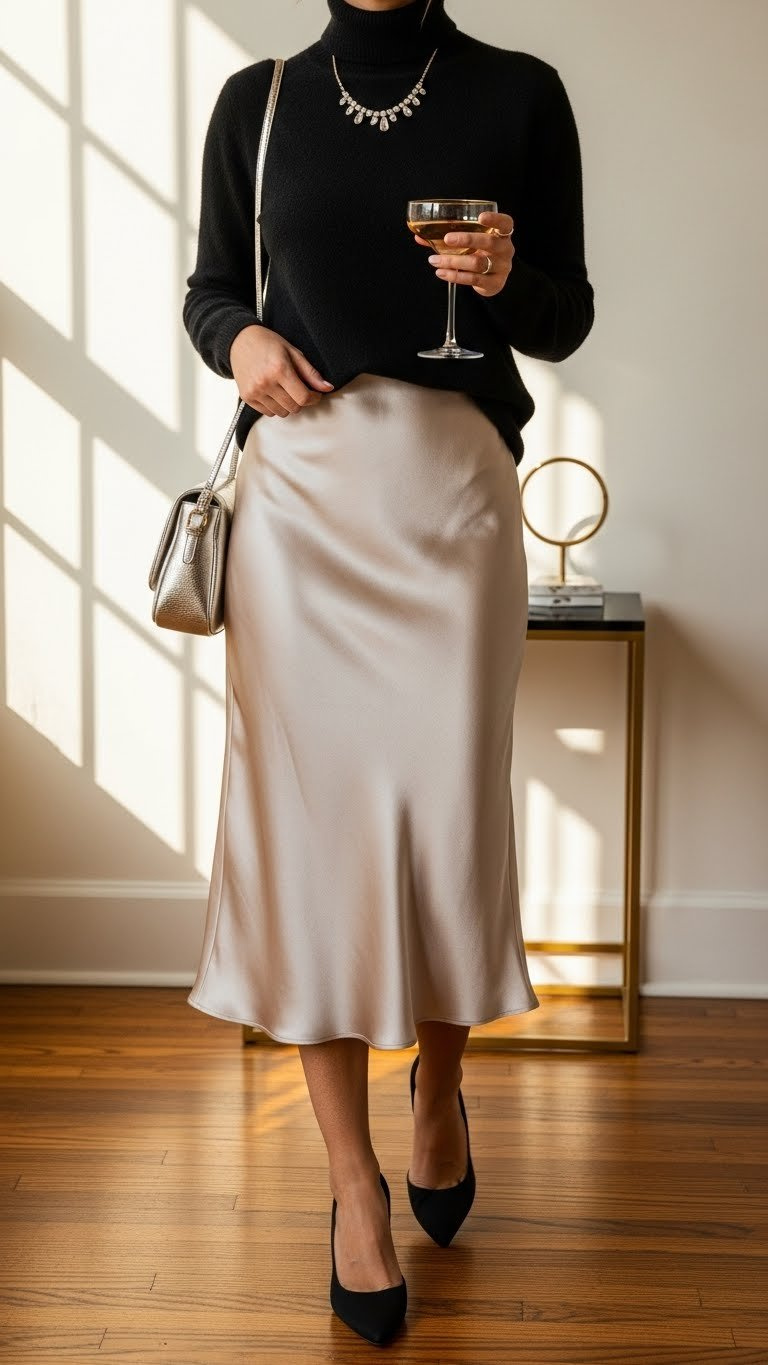 Versatile winter party look: champagne satin midi slip skirt, black cashmere turtleneck, stilettos, crystal necklace. Elegant and cozy.