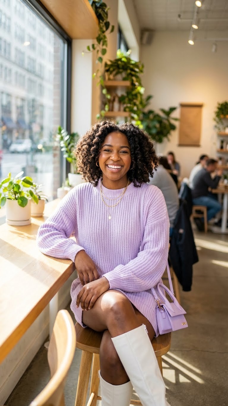 Vibrant Black woman in pastel sweater dress, white knee-high boots, and handbag smiles in chic cafe.