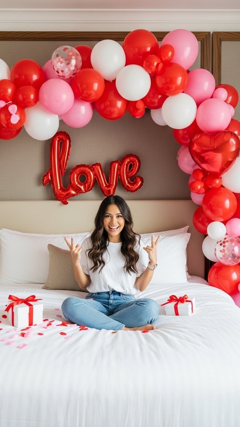 Vibrant DIY balloon arch in red, pink, and white framing hotel bed headboard with festive decoration