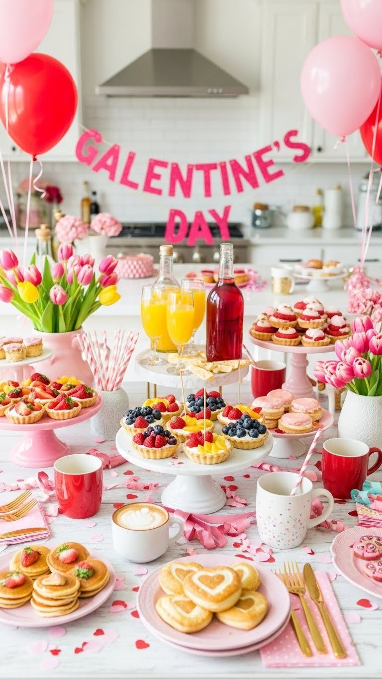 Vibrant Galentine's Day brunch flat lay with colorful pancakes, mimosa bar, heart-shaped pastries, and festive feminine decor