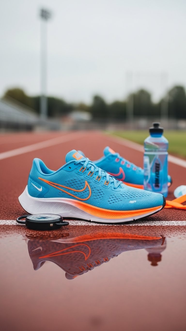 Vibrant Nike running shoes resting on athletic track with soft bokeh background in dynamic lifestyle photography