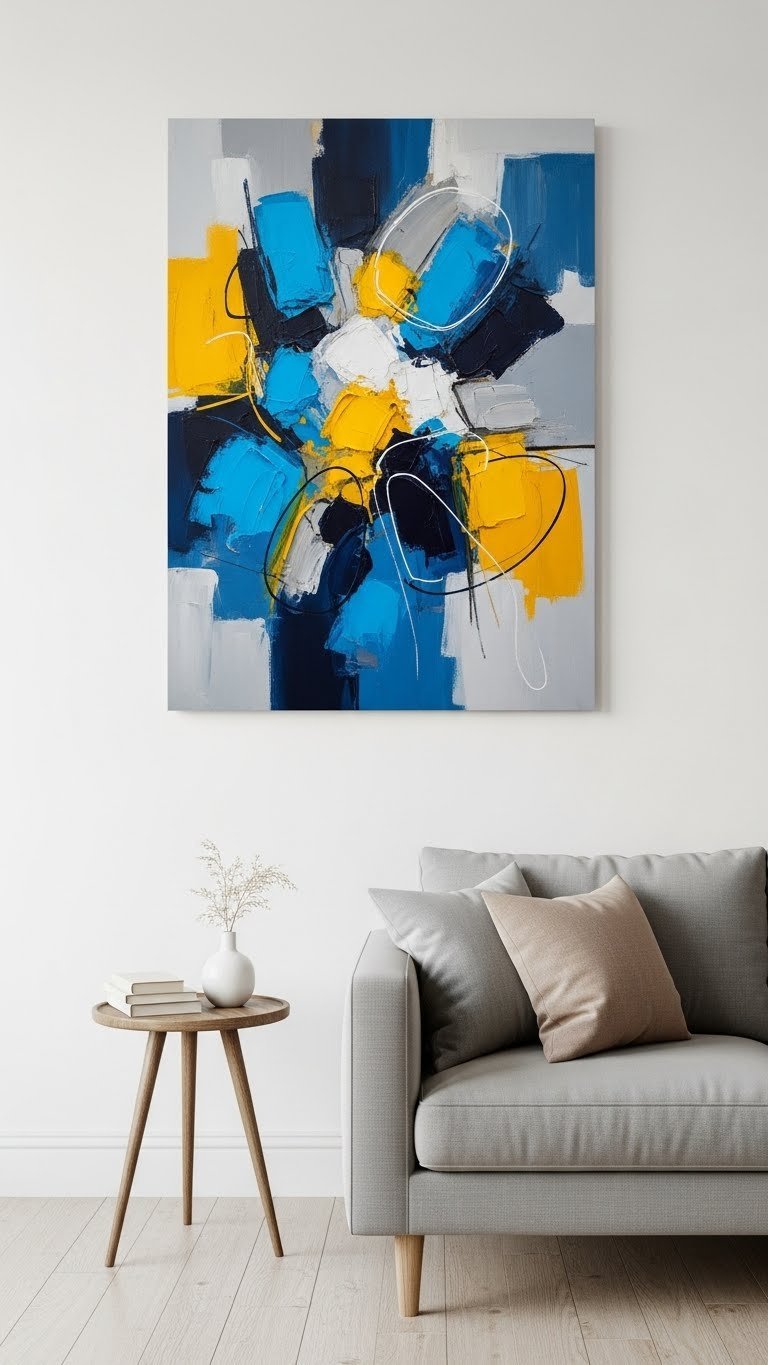 Vibrant abstract art canvas with dynamic brushstrokes and textured layers in deep blue, yellow, and gray color blend.
