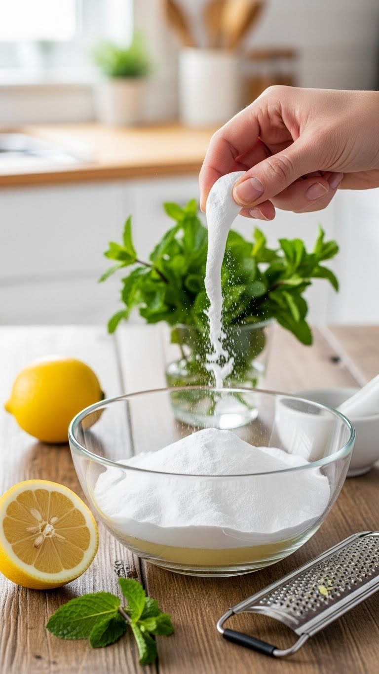 Vibrant baking soda and lemon juice hair removal cream fizzing in glass bowl on rustic wooden kitchen table