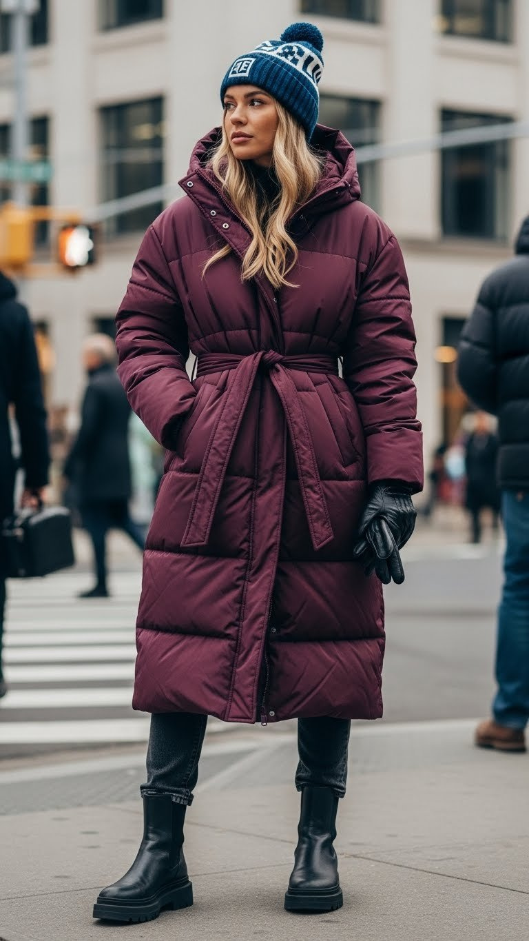 Vibrant burgundy long puffer coat, belted, over dark jeans & chunky boots. Urban streetwear, city corner. Beanie, gloves.