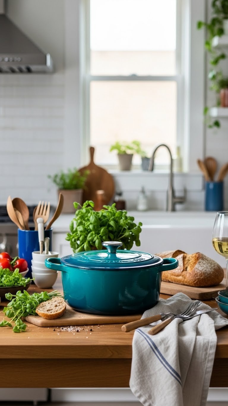 Vibrant cerulean blue Dutch oven surrounded by fresh herbs and artisan bread on wooden countertop