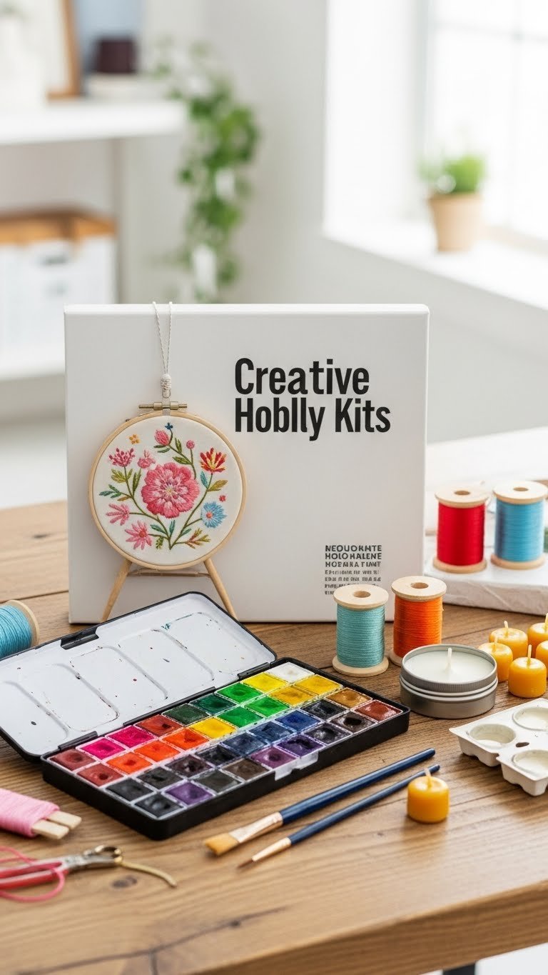 Vibrant creative hobby kits featuring embroidery and watercolor sets on rustic wooden table