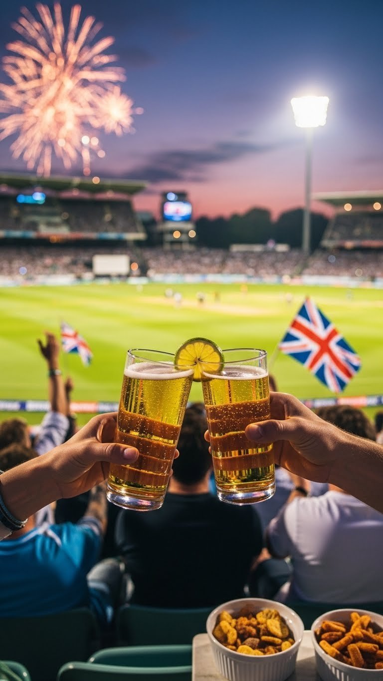 Vibrant cricket stadium filled with cheering fans clinking celebratory drinks against illuminated pitch at dusk