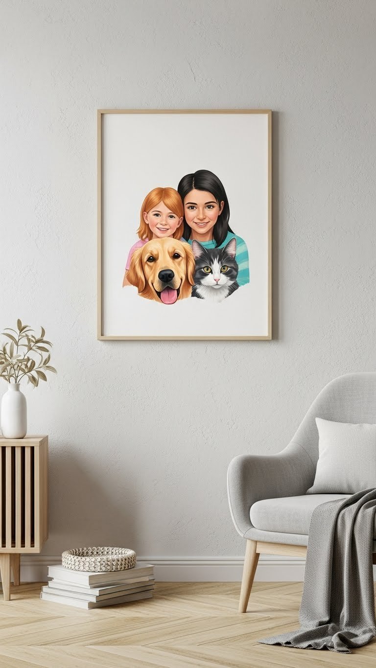 Vibrant custom family portrait in modern frame hanging on minimalist textured wall with soft daylight