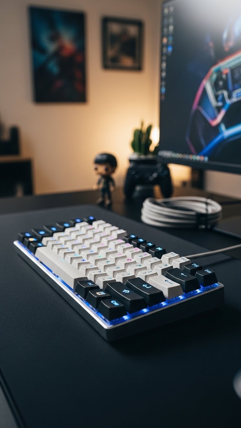 Vibrant custom mechanical keyboard with unique keycaps and RGB backlight glowing on matte black desk pad