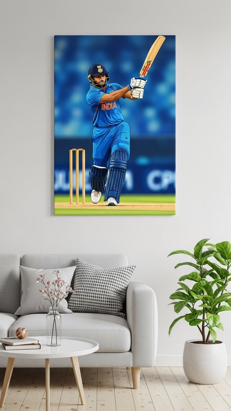 Vibrant digital cricket art print displayed on light-colored wall in modern living room interior