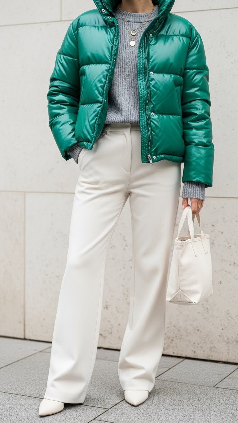 Vibrant emerald green shiny puffer jacket, creamy white trousers, grey knit, gold jewelry, minimalist color block fashion.