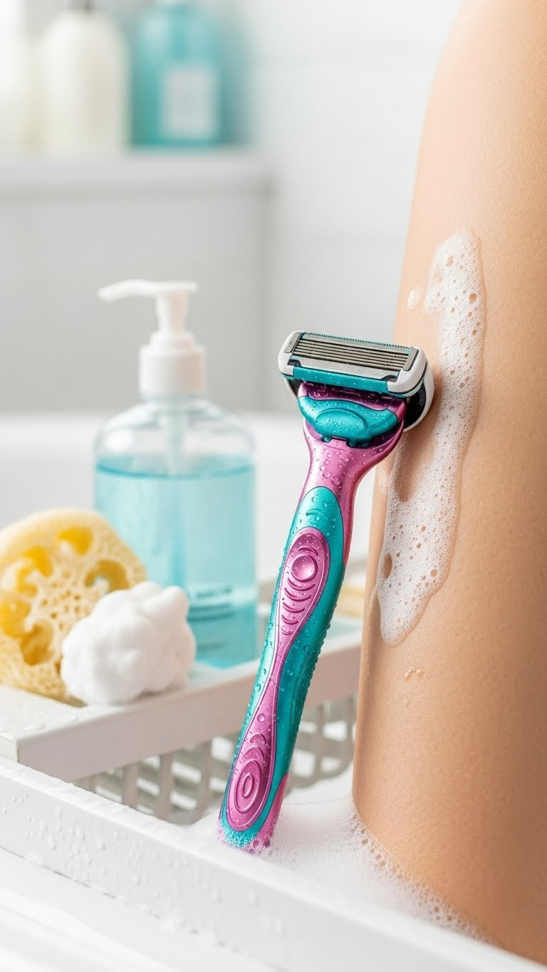 Vibrant ergonomic multi-blade razor system for women with moisture bar against smooth skin on white bath caddy
