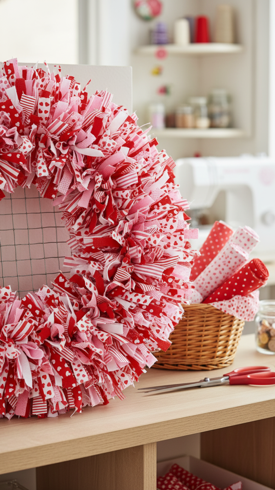 Vibrant fabric scrap Valentine wreath with patterned red and pink fabric strips on wire frame.