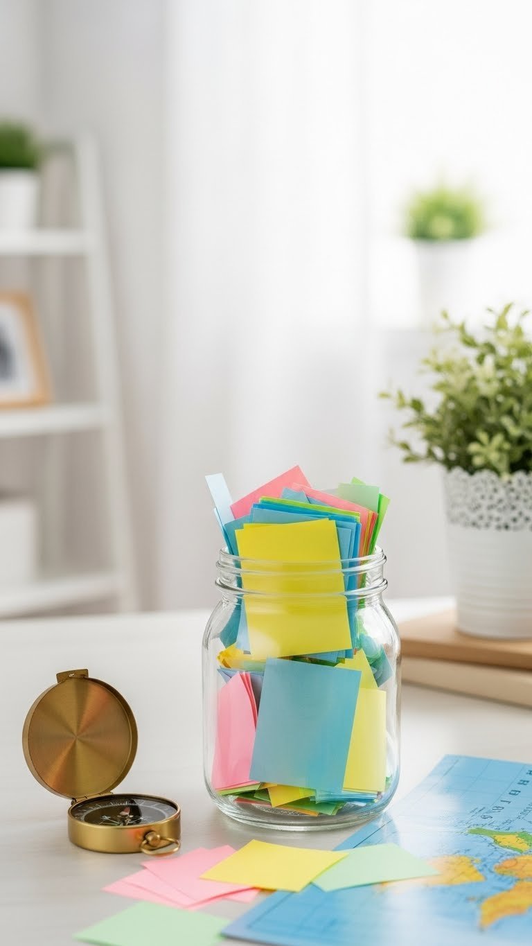 Vibrant future plans paper slips arranged in sleek modern glass jar casting bright hopeful reflections